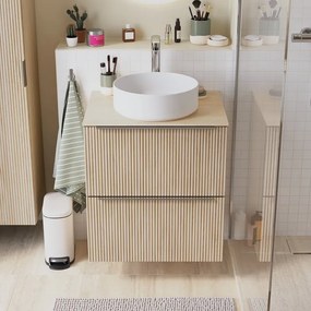Mobile bagno sospeso Neo Groove L 61 x H 68 x P 49 cm, 2 cassetti con maniglia cromo, top e lavabo da appoggio Studio in ceramica bianco opaco inclusi, rovere naturale cannettato