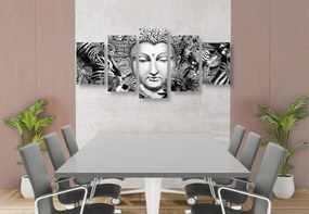 Quadri 5 pezzi – Buddha su sfondo esotico in bianco e nero