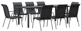 Set da pranzo da giardino 9 pz nero in acciaio e textilene