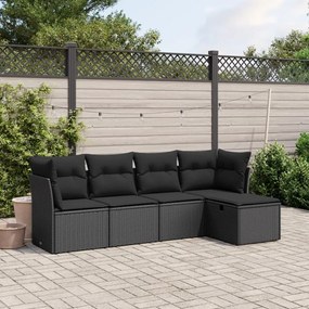 Set divani da giardino 5 pz con cuscini in polyrattan nero