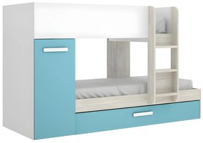 Letto a castello con cassetto letto a scomparsa e contenitori 3 x 90 x 190 cm Bianco, Naturale e Blu - ANTHONY