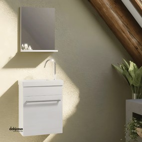 Mobile Bagno Sospeso "Perla" Da 40 Cm Composto Da Un'Anta Lavabo E Specchio Con Mensola Finitura Rovere Bianco