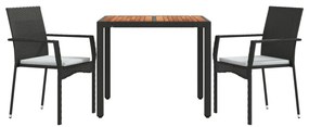 Set da pranzo da giardino 3 pz con cuscini nero in polyrattan