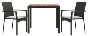 Set da pranzo da giardino 3 pz con cuscini nero in polyrattan