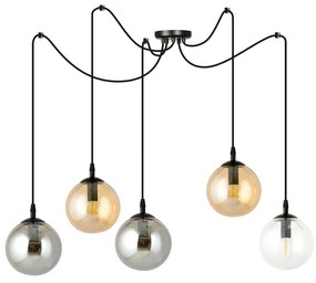 Lampadario 5 Luci Ginevra In Acciaio Nero Con Cavo Lungo E Vetri Multicolor