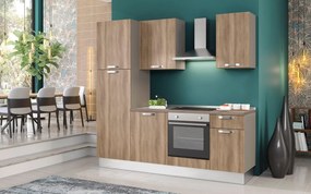 Cucina montata Dora rovere chiaro, lavello a destra, L 225 cm, completa di: cappa a camino, piano cottura a induzione, forno, frigorifero