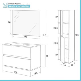 Mobile bagno sospeso 90 cm rovere naturale con pensile H 125 cm Nadia