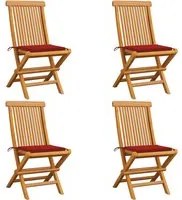 Sedie da Giardino con Cuscini Rossi 4 pz Massello di Teak 3062574