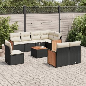 Set divani da giardino 9 pz con cuscini nero in polyrattan