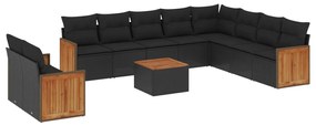 Set divani da giardino 11 pz con cuscini in polyrattan nero