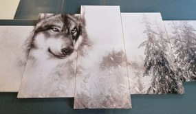 Quadri 5 pezzi – Lupo nel paesaggio innevato in bianco e nero