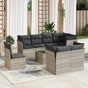 Set divano da giardino 9pz con cuscini grigio chiaro polyrattan