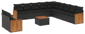 Set divani da giardino 12 pz con cuscini nero in polyrattan