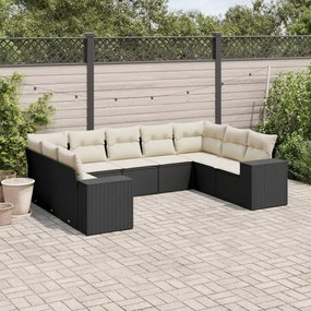 Set divani da giardino 9 pz con cuscini nero in polyrattan