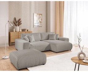 Divano angolare con penisola a destra grigio chiaro e rivestimento in velluto a coste allungabile e con contenitore Sarina – Ropez