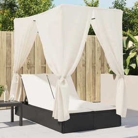 Lettino Prendisole Con Tetto E Tende Nero İn Polyrattan /