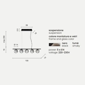 Lampada a sospensione in metallo e vetro soffiato Nero 100 cm a 5 luci MONILE