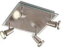 Spot in metallo con punti luce orientabili con finitura in nickel spazzolato e base con cornice in vetro trasparente.