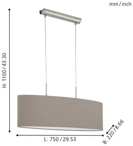Eglo 31581 - Lampadario a sospensione con filo PASTERI 2xE27/60W/230V