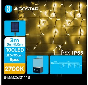 Aigostar - Catena di Natale solare a LED 100xLED/8 funzioni 8x0,6m IP65 bianco caldo