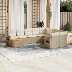 Set Divano da Giardino 10 pz con Cuscini Beige in Polyrattan