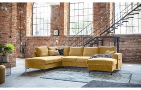 Divano letto a U in velluto giallo senape, angolo sinistro Lofty Lilly - Miuform