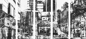 Quadri 5 pezzi – Panorami urbani astratti in bianco e nero