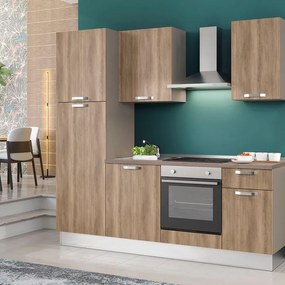 Cucina montata Dora rovere chiaro, lavello a destra, L 225 cm, completa di: cappa a camino, piano cottura a induzione, forno, frigorifero