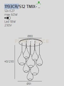 Sosp. cromo 12 luci tonda vetri (6 piccoli (3xfu+3xtr)+4 medi (2xfu...