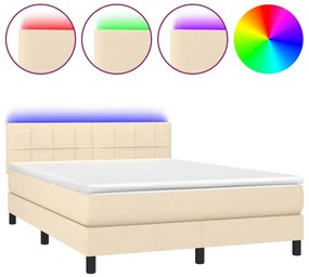 Letto a molle con materasso e led crema 140x200 cm in tessuto