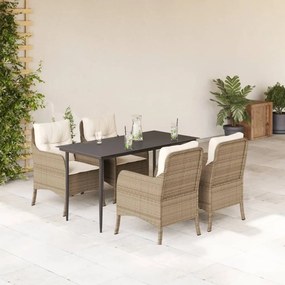 Set da pranzo da giardino 5 pz con cuscini beige in polyrattan