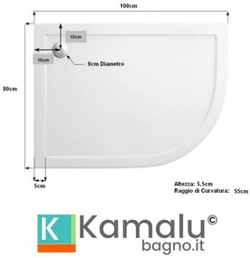 Kamalu - piatto doccia 100x80 semicircolare versione sinistra kam-1000