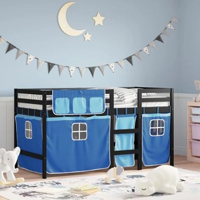 Letto A Soppalco Con Tende Bambini Blu 80x200 Cm Massello Pino /