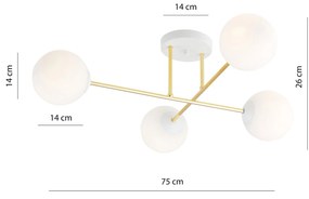 Plafoniera Moderna Magnium 4 Luci In Acciao Oro E Sfere In Vetro Bianco