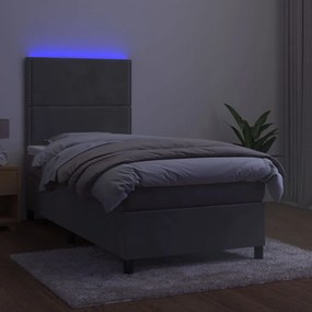 Letto a molle materasso e led grigio chiaro 100x200 cm velluto