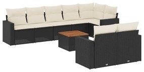 Set divani da giardino 9 pz con cuscini nero in polyrattan