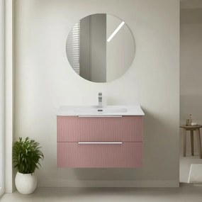 Mobile bagno sospeso 80 cm rosa cannettato con lavabo e specchio tondo Zena