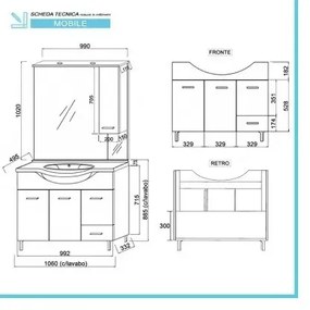 Mobile da Terra 105 cm in rovere bianco completo di specchio con pensile e LED