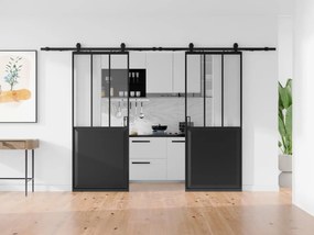 Porte scorrevole doppia atelier esterno muro 2 x H205 x L93 cm Nero e Vetro temperato - ARTISTO II