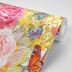 Carta da parati – Uccellino vintage con fiori