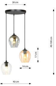 Lampadario 3 Luci Fuxi Base Tonda Acciaio Nero E Vetri Ambra Trasparente E Fumè