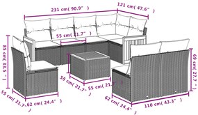 Set divani da giardino 9 pz con cuscini nero in polyrattan