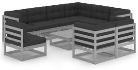 Set divani da giardino 10pz con cuscini grigio massello di pino