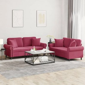 Set Di Divani 2 Pz Con Cuscini Rosso Vino İn Velluto /