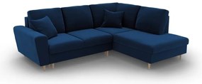 Divano angolare blu allungabile e con contenitore (con penisola a destra/a L) con rivestimento in velluto Kyoto – Cosmopolitan Design