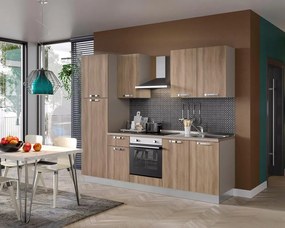 Cucina montata Dora rovere chiaro, lavello a destra, L 255 cm, completa di: cappa a camino, piano cottura a induzione, forno, frigorifero