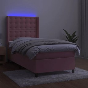 Letto a molle con materasso e led rosa 80x200 cm in velluto