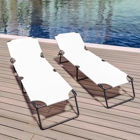 Coppia Di Lettini Pieghevoli Prendisole Senza Tettuccio Parasole Schienale Reclinabile Regolabile Struttura In Metallo Nero Sedia Sdraio Per Spiaggia Mare Giardino Piscina 187 x 53 x 24 Cm (White)