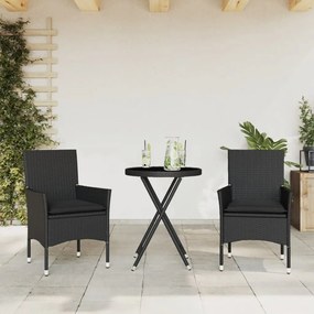 Set Da Bistrò 3 Pz Con Cuscini Nero Polyrattan E Vetro /