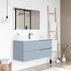 Mobile bagno sospeso 100 blu pastello con lavabo e specchio LED   Victoria